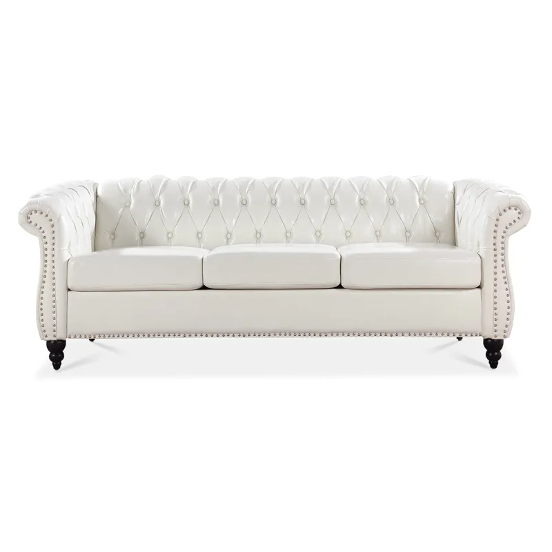 84.65\" Rolled Arm Chesterfield 3 Seater Sofa - White
