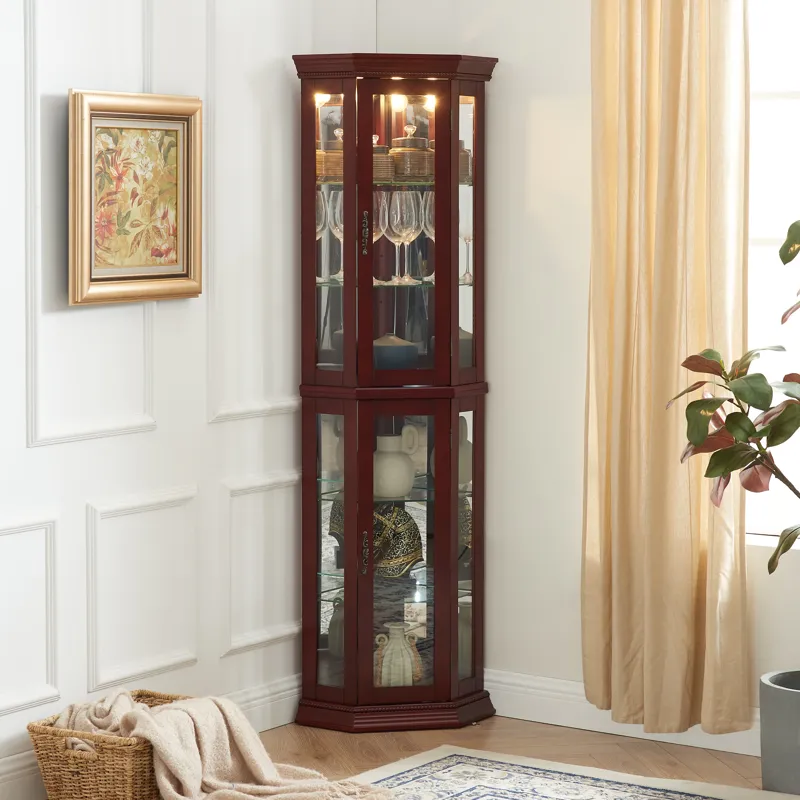Corner Curio Cabinet With Lights, Adjustable Tempered Glass Shelves, Mirrored Back, Display Cabinet 