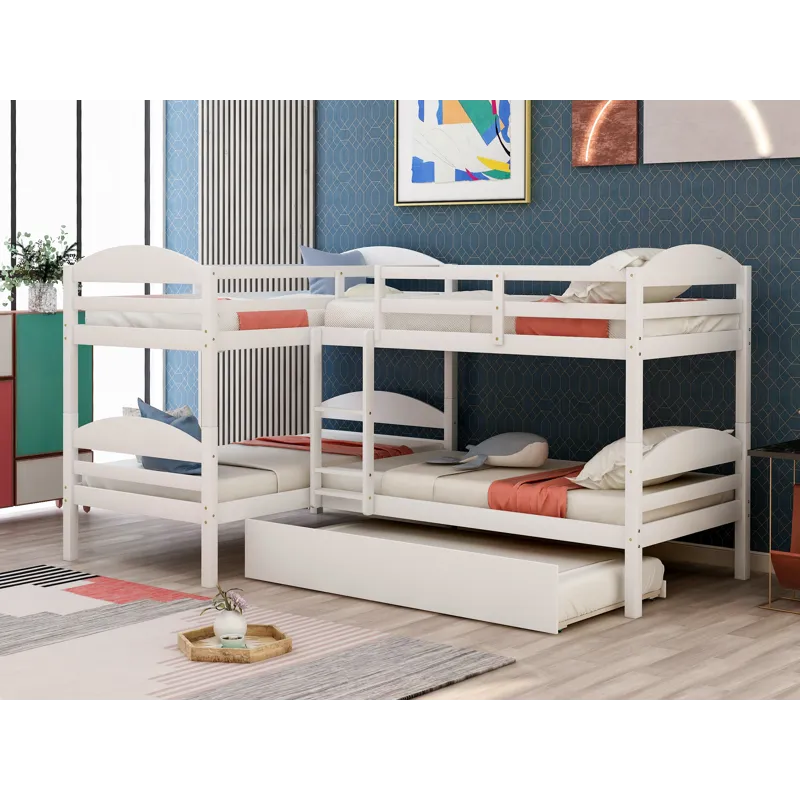 Twin L-Shaped Bunk Bed With Trundle - White