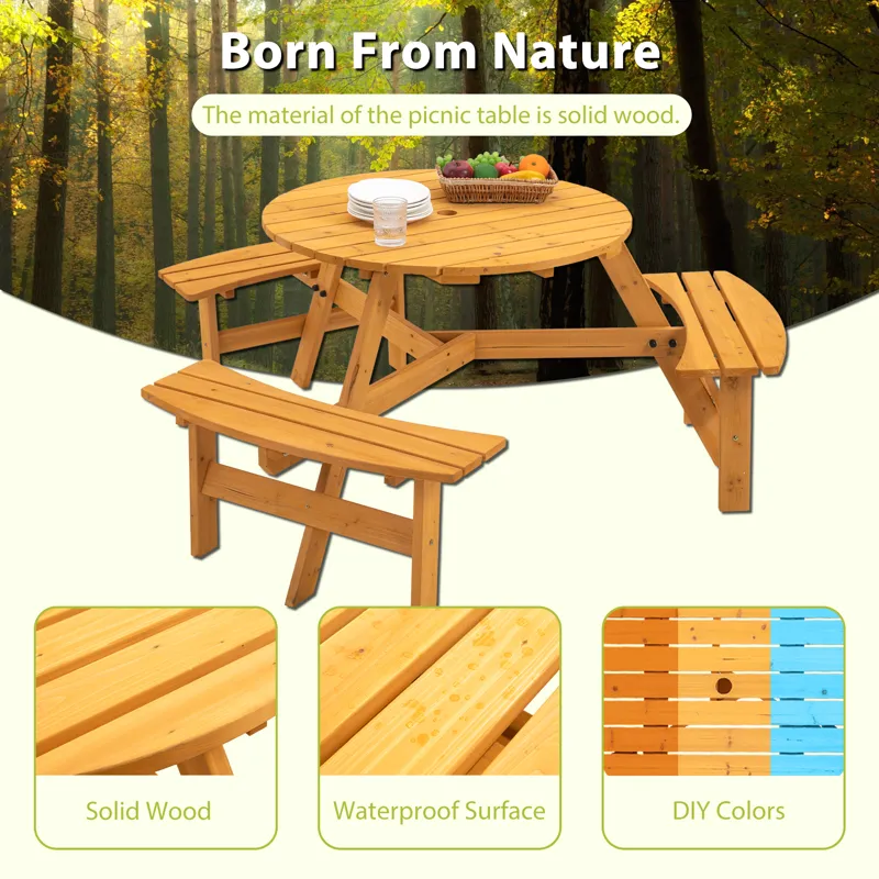 6 Person Circular Outdoor Wooden Picnic Table For Patio, Backyard, Garden, Diy With 3 Built-In Bench