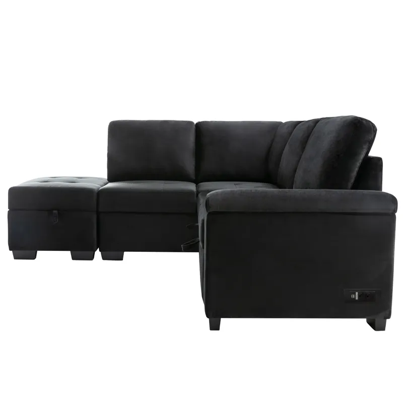 Sleeper Sectional Sofa, L-Shape Corner Couch Sofa Bed With Storage Ottoman & Hidden Arm Storage & US