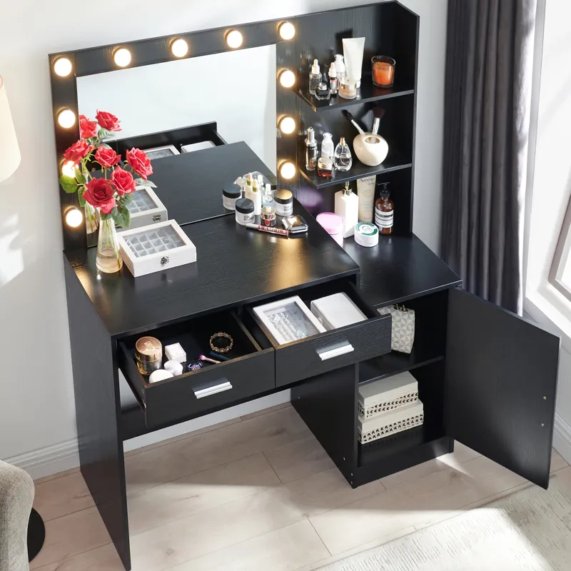 Vanity Desk With Mirror And Lights, 46.4In Dressing Table With 2 Large Drawer & Large Vertical Organ