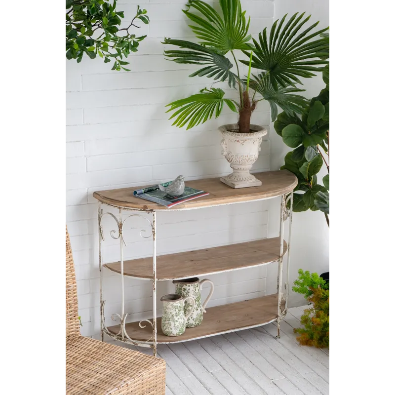 Three Tiered White Wooden Shelving Unit With Ornate Iron Frame - Multicolor
