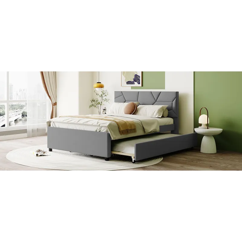 Full Size Upholstered Platform Bed With Brick Pattern Headboard And Twin Size Trundle, Linen - Gray