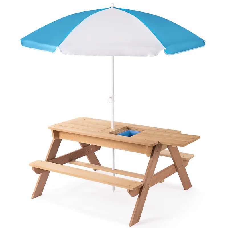 3-In-1 Kids Outdoor Wooden Picnic Table With Umbrella, Convertible Sand & Water, ASTM & CPSIA Certif