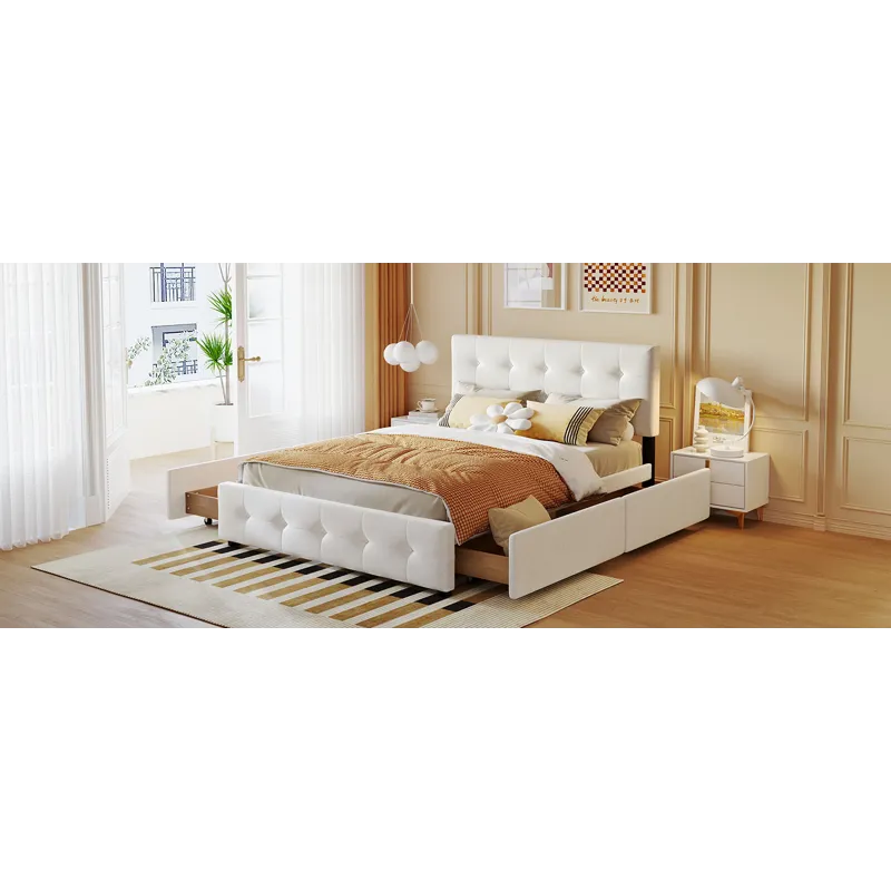 Queen Size Upholstered Platform Bed With Classic Headboard And 4 Drawers, No Box Spring Needed - Whi