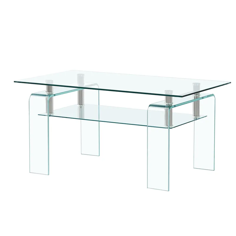 Rectangle Clear Glass Coffee Table, Modern Glass Coffee Table For Living Room, 2 Tier Storage Center