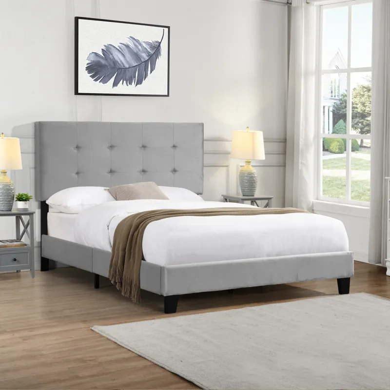 Full Size Upholstered Platform Bed Frame With Pull Point Tufted Headboard, Strong Wood Slat Support,