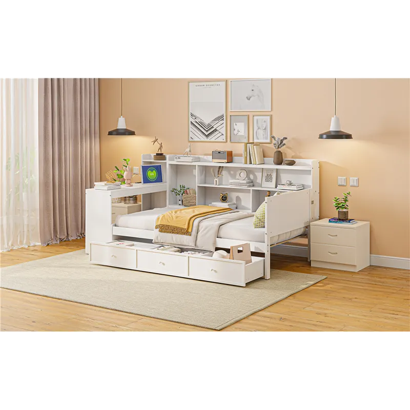 Twin Size Wooden Daybed With 3 Drawers, USB Ports And Desk - White