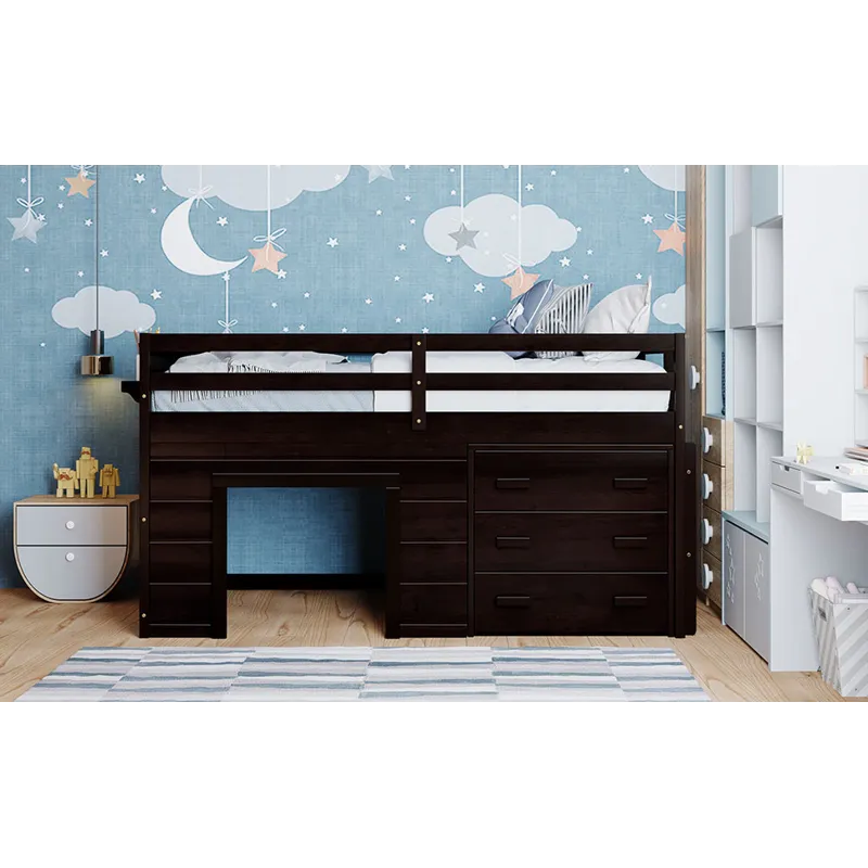 Twin Size Loft Bed With Cabinet And Shelf - Espresso