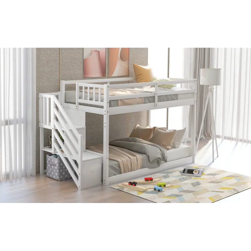 Twin Over Twin Floor Bunk Bed, Ladder With Storage - White