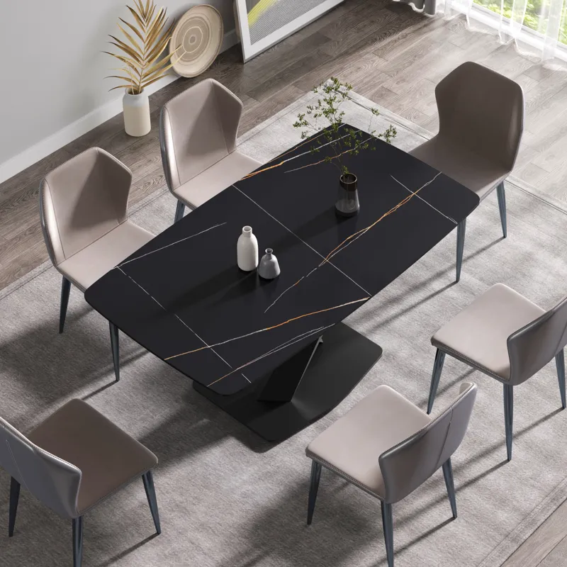 63\" Artificial Stone Black Curved Black Metal Leg Dining Table - Black