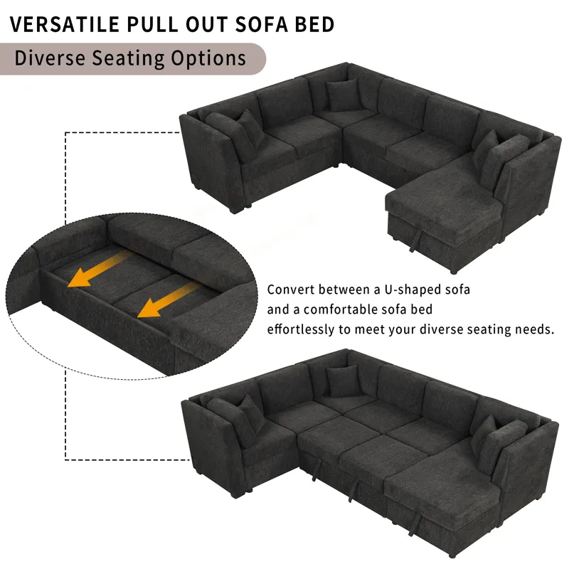 U-Shaped Sectional Sofa Pull Out Sofa Bed With Two USB Ports, Two Power Sockets, Three Back Pillows 