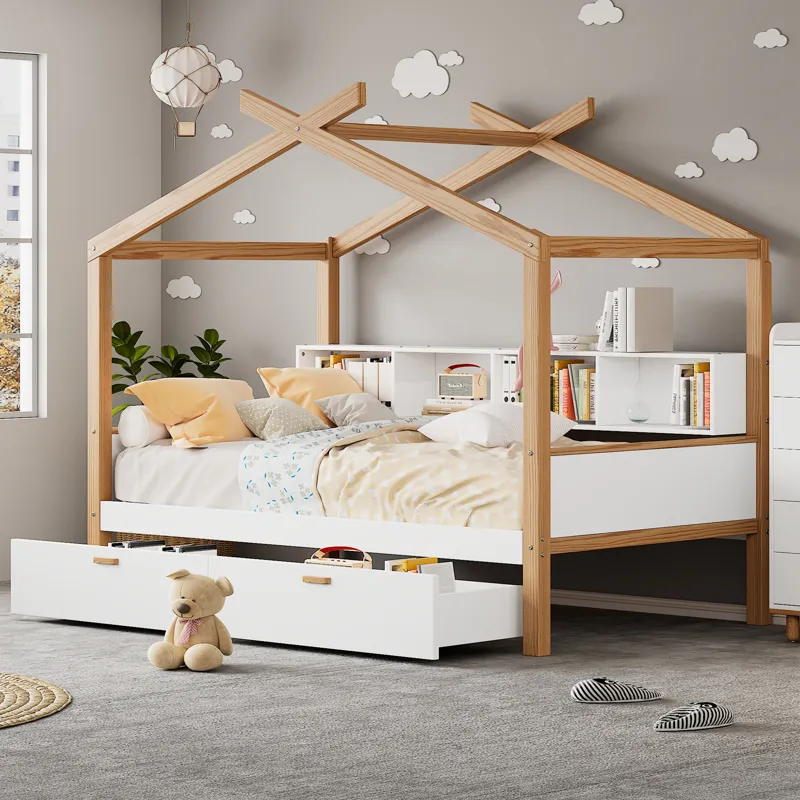 Twin Size Wooden House Bed Original Wood Colored Frame With Two Drawers And Bookshelf Storage Space 