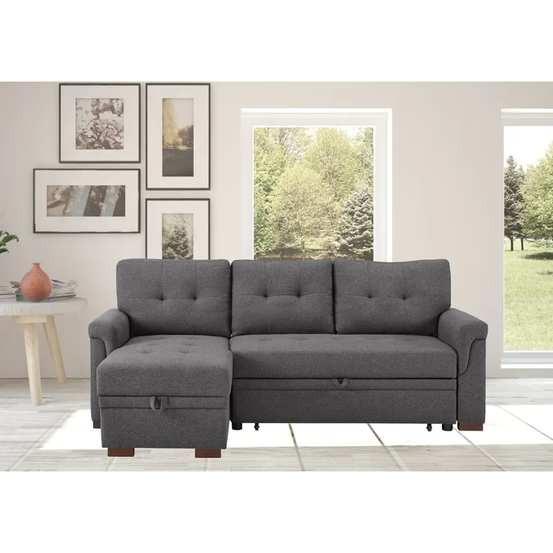 Hunter - Linen Reversible Sleeper Sectional Sofa With Storage Chaise - Dark Gray
