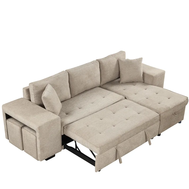 Modern L-Shape 3 Seat Reversible Sectional Couch, Pull Out Sleeper Sofa With Storage Chaise And 2 St