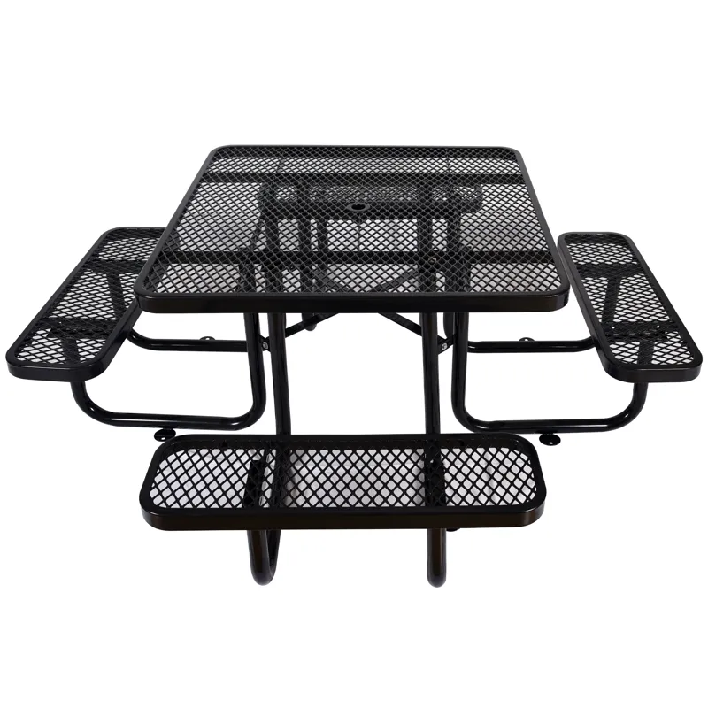 Square Outdoor Steel Picnic Table , With Umbrella Pole - Black