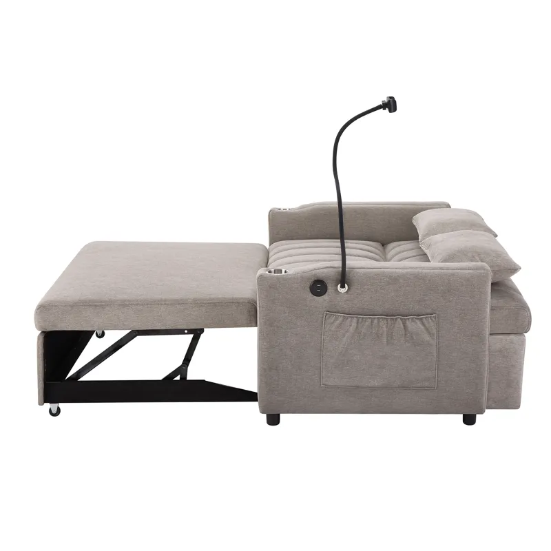 Convertible Sofa Bed Loveseat Sofa With Three USB Ports, Two Side Pockets, Two Cup Holders And 360° 