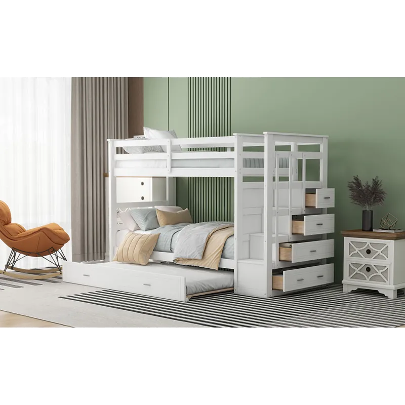 Twin Over Twin Bunk Bed With Trundle And Staircase - White