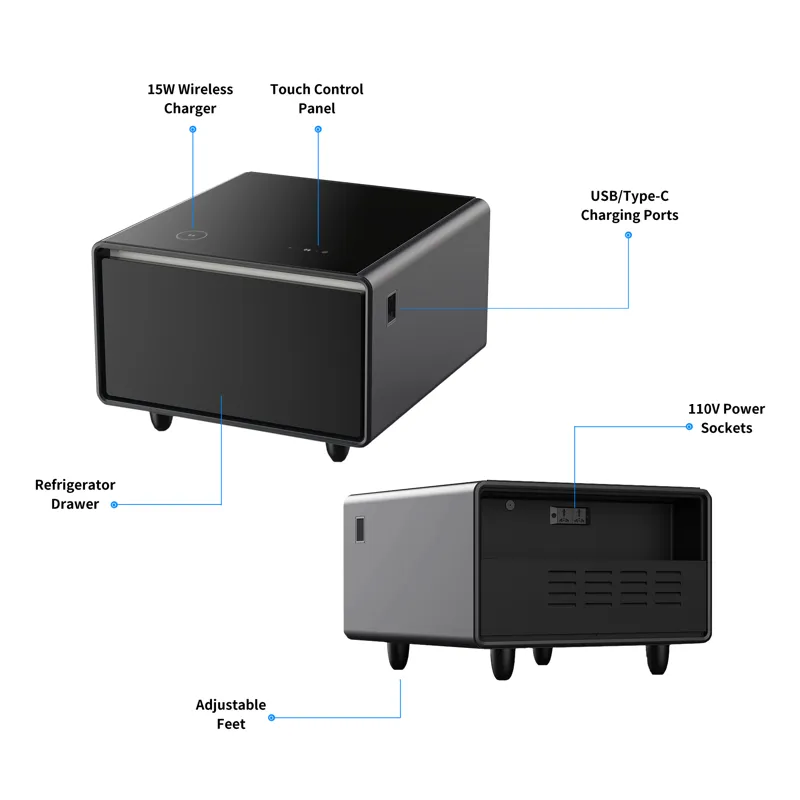 Modern Smart Side Table With Built-In Fridge, Wireless Charging, Temperature Control, Power Socket, 