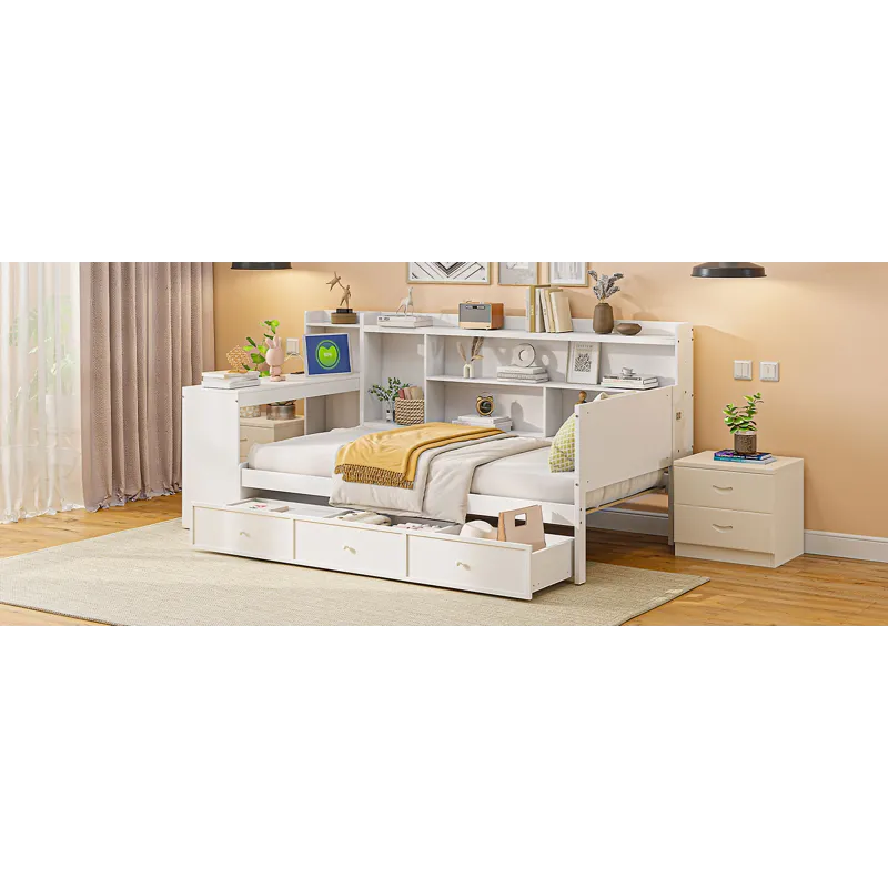 Twin Size Wooden Daybed With 3 Drawers, USB Ports And Desk - White