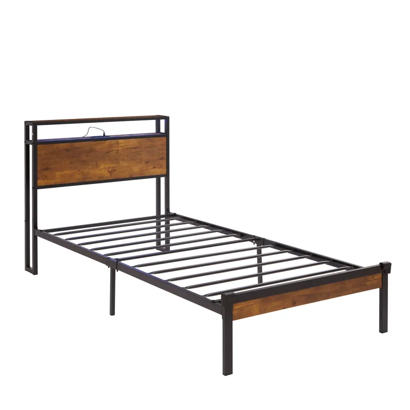 Twin Size Metal Platform Bed Frame With Wooden Headboard And Footboard With USB Liner, LED Lights, N