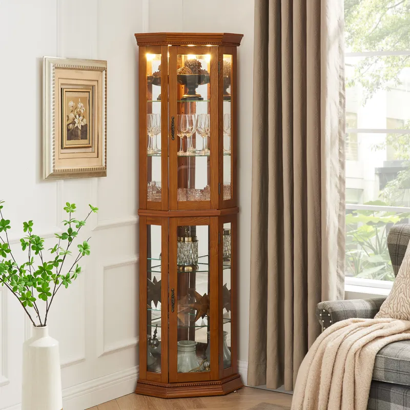 Corner Curio Cabinet With Lights, Adjustable Tempered Glass Shelves, Mirrored Back, Display Cabinet (E26 Light Bulb Not Included) - Oak