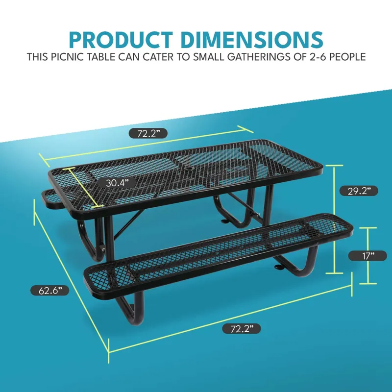 Outdoor Steel Picnic Rectangular Table With Umbrella Pole - Black