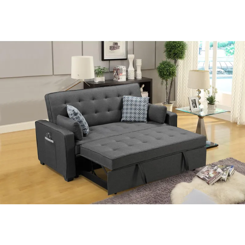 William - Modern Fabric Sleeper Sofa With 2 USB Charging Ports And 4 Accent Pillows - Gray