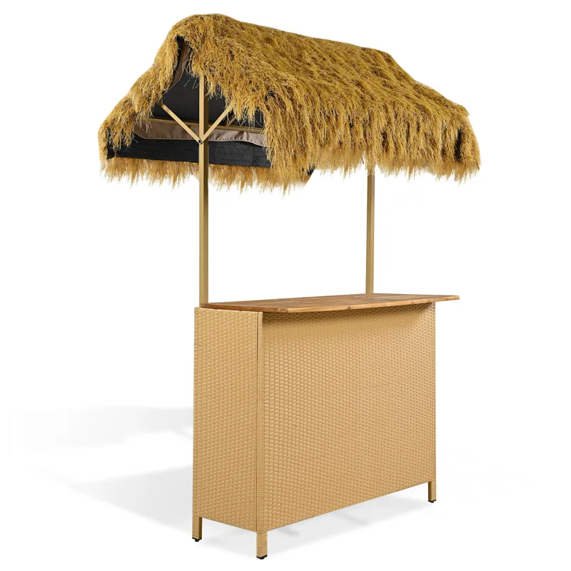 Hawaiian-Style Bar Height Patio Set With PE Grass Canopy, Outdoor Bar Table And Stools With Adjustab