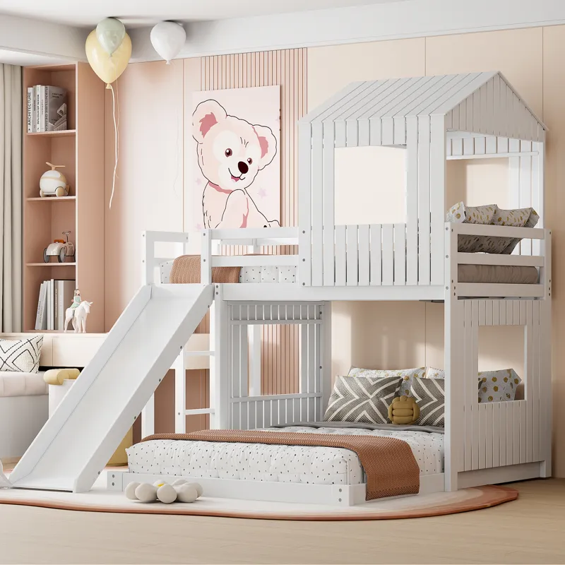 Wooden Twin Over Full Bunk Bed, Loft Bed With Playhouse, Farmhouse, Ladder, Slide And Guardrails - W