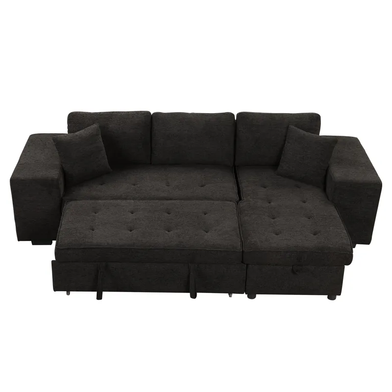 Modern L-Shape 3 Seat Reversible Sectional Couch, Pull Out Sleeper Sofa With Storage Chaise And 2 St