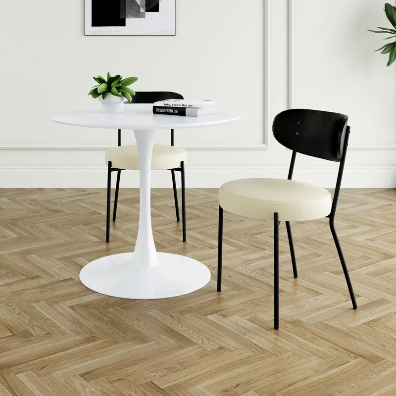 Modern Gray Simple PU Dining Chair Upholstered Chair Family Bedroom Stool Back Dressing, White Round