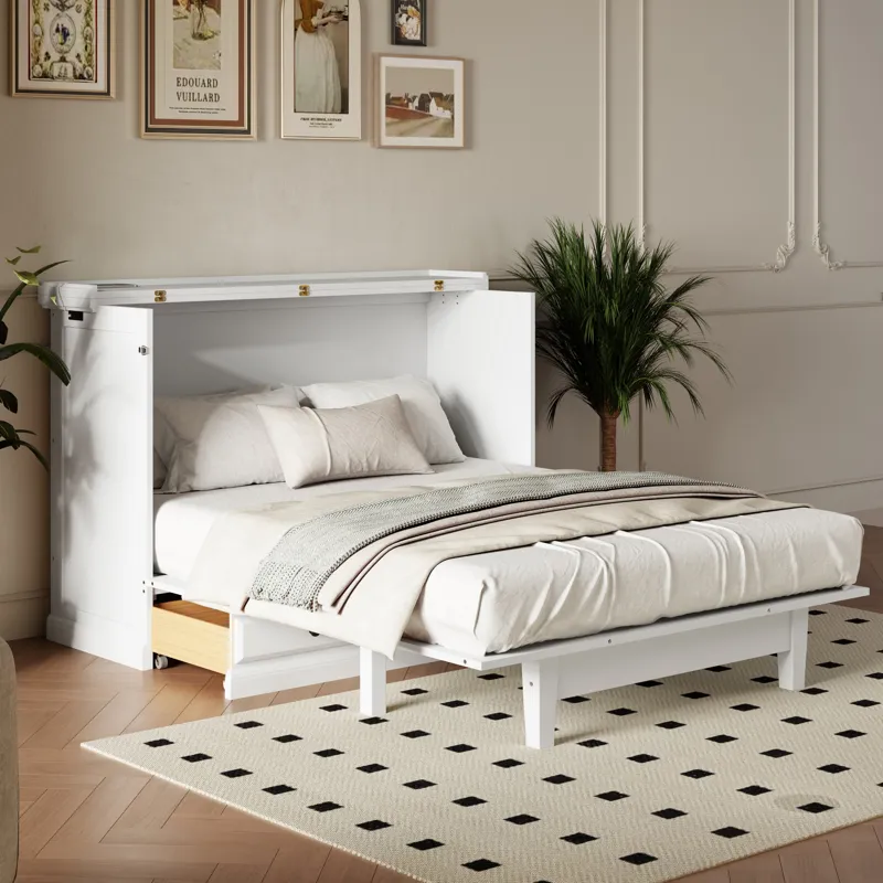 Queen Solid Pine Murphy Bed Chest Cube Cabinet Bed With Charging Station And Large Storage Drawer Fo