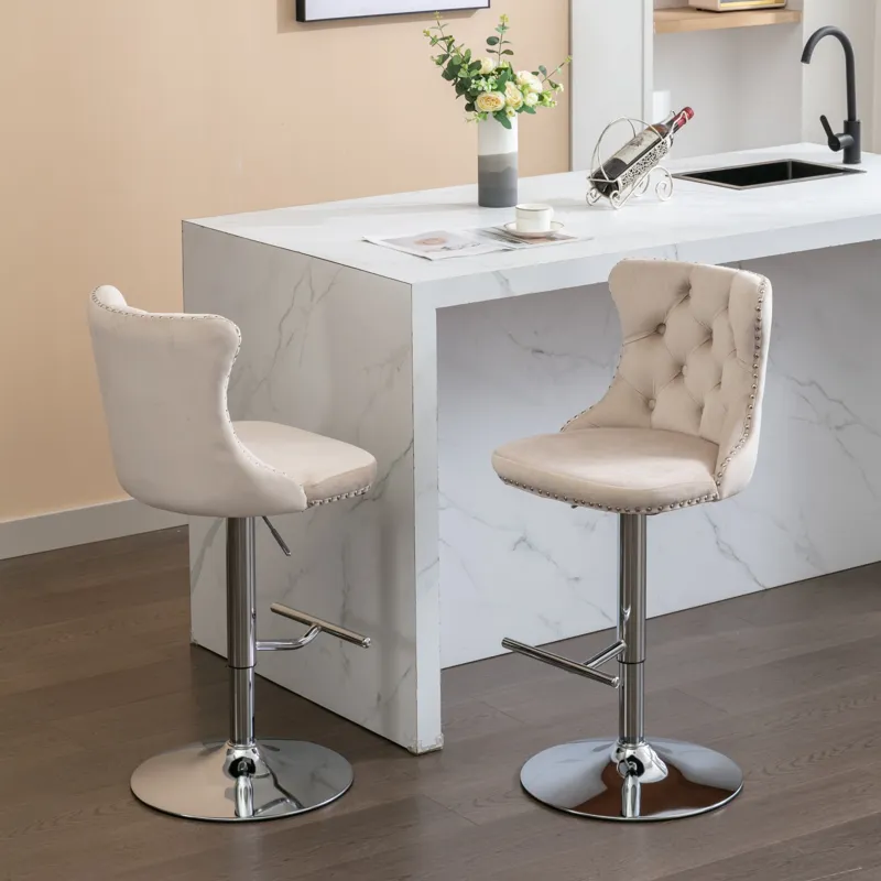 Swivel Velvet Barstools Adjusatble Seat Height From 25-33\", Modern Upholstered Chrome Base Bar Stoo