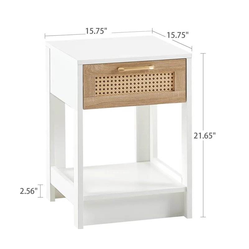 15.75\" Rattan End Table With Drawer, Modern Nightstand, Side Table For Living Room, Bedroom - White