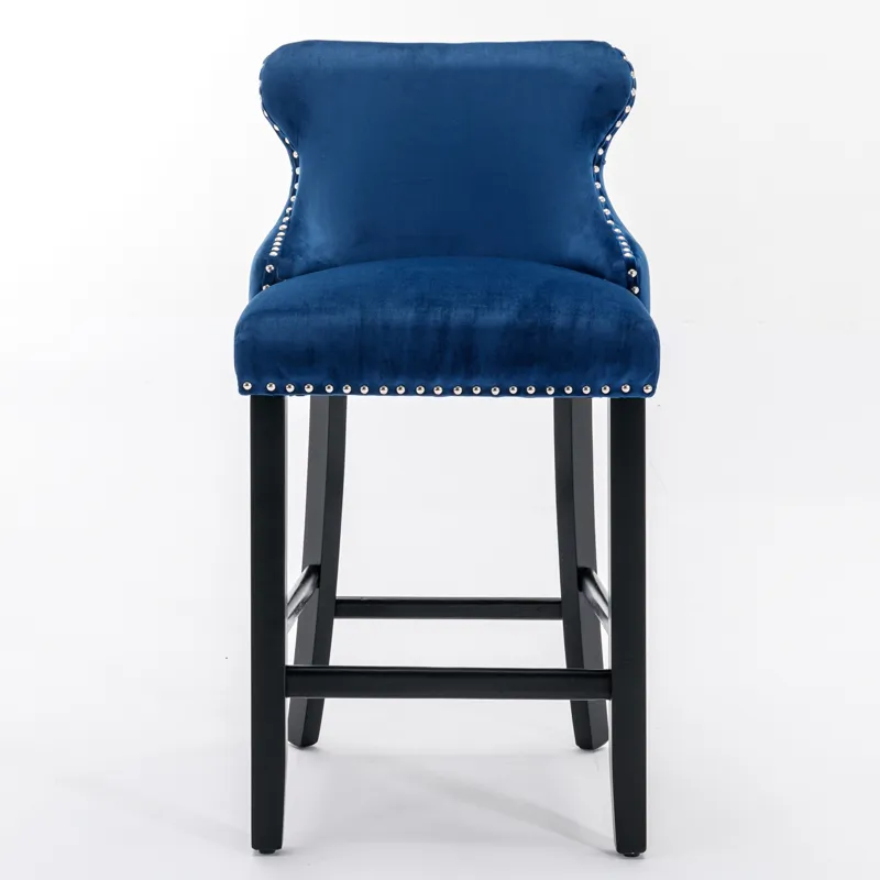 Contemporary Velvet Upholstered Wing-Back Barstools With Button Tufted Decoration And Wooden Legs, A