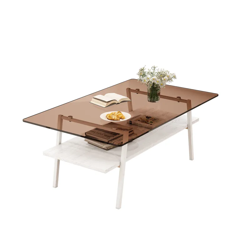 Rectangle Coffee Table, Tempered Glass Tabletop With White Metal Legs, Modern Table For Living Room 