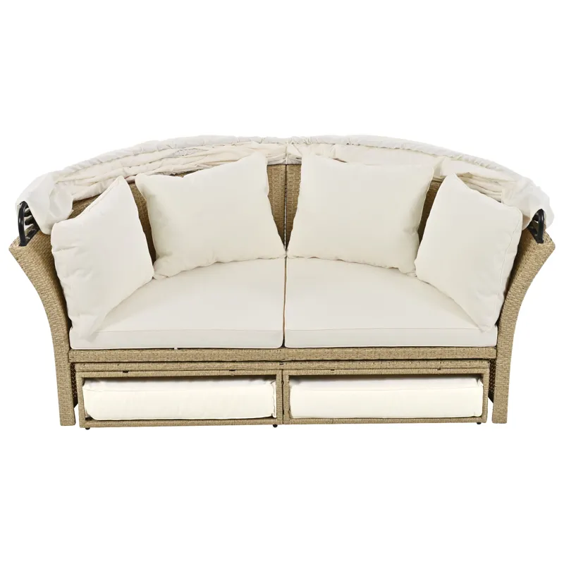 Outdoor Patio Daybed Wicker Rattan Double Daybed Round Sofa Furniture Set With Retractable Canopy, 4