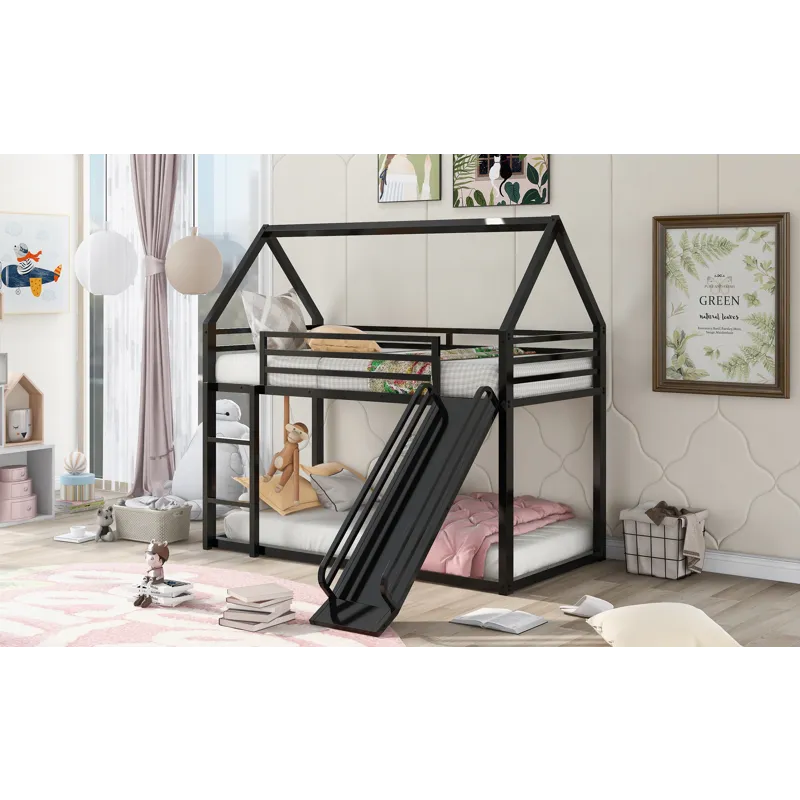 Twin Over Twin House Bunk Bed With Ladder And Slide - Black
