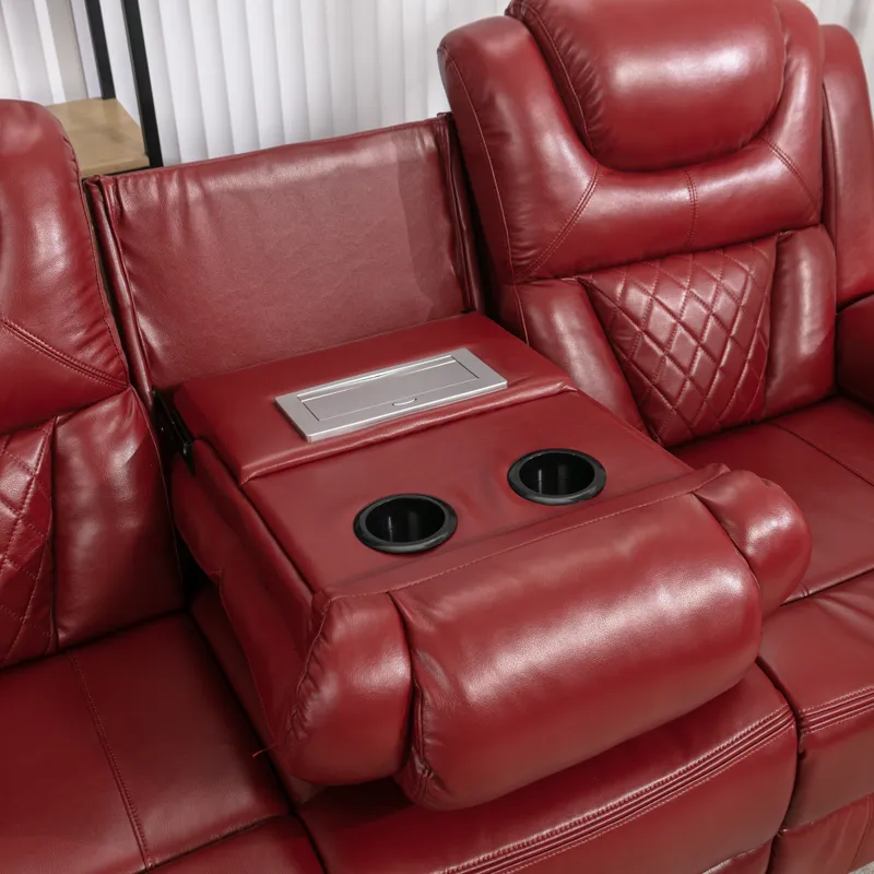 Home Theater Seating Manual Recliner Chair With Center Console And Led Light Strip For Living Room -