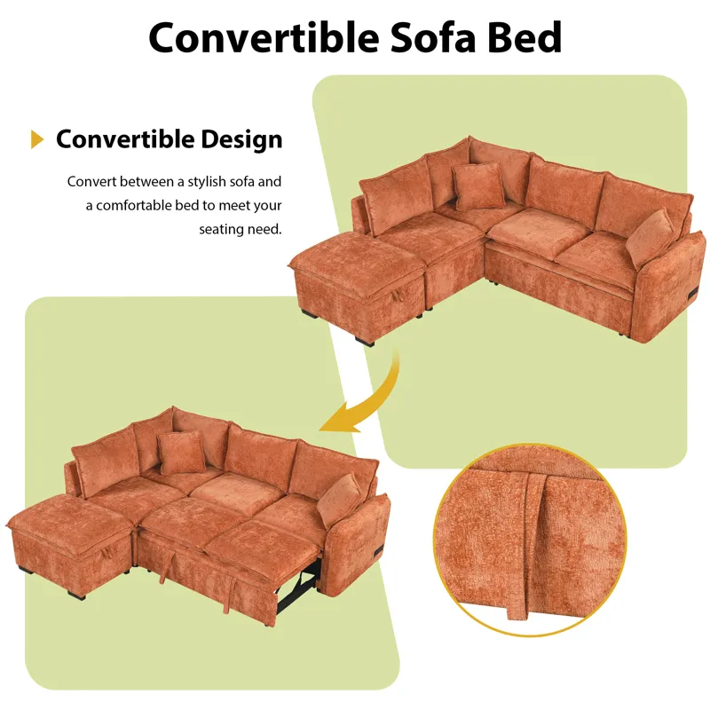Convertible Sofa Bed Sectional Sofa Sleeper L-Shaped Sofa With A Storage Ottoman, Two Pillows, Two P
