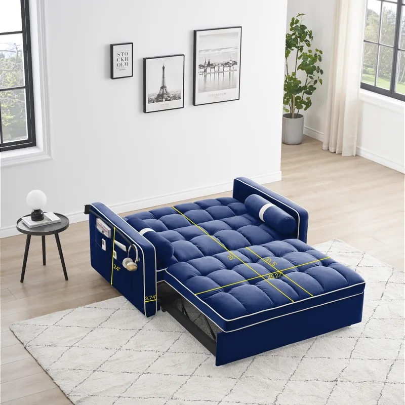 Modern Convertible Sleeper Sofa Couch With Pull Out Bed With Pillows & Side Pockets For Small Space,