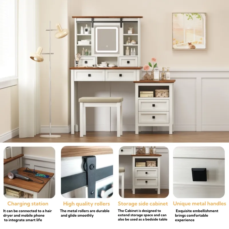 Farmhouse Makeup Vanity Desk With Adjustible LED Lighted Mirror And Charging Station For Bedroom, Dr