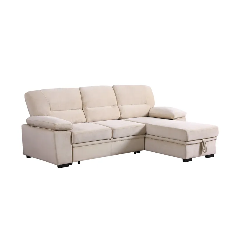 Kipling - Velvet Fabric Reversible Sleeper Sectional Sofa Chaise - Beige