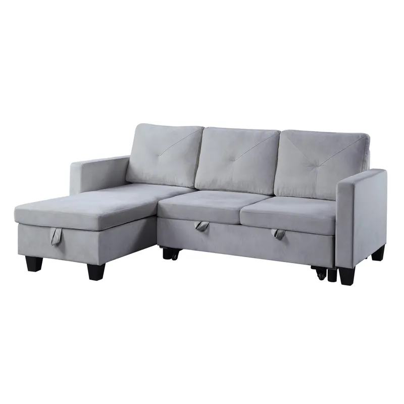 Nova - Velvet Reversible Sleeper Sectional Sofa With Storage Chaise - Light Gray