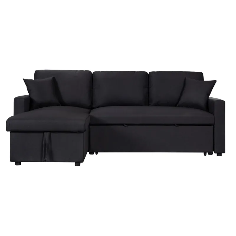 Paisley - Linen Fabric Reversible Sleeper Sectional Sofa With Storage Chaise - Black
