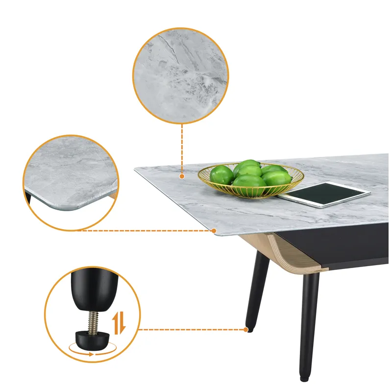 Landon - Coffee Table With Glass Marble Texture Top And Bent Wood Design - Gray