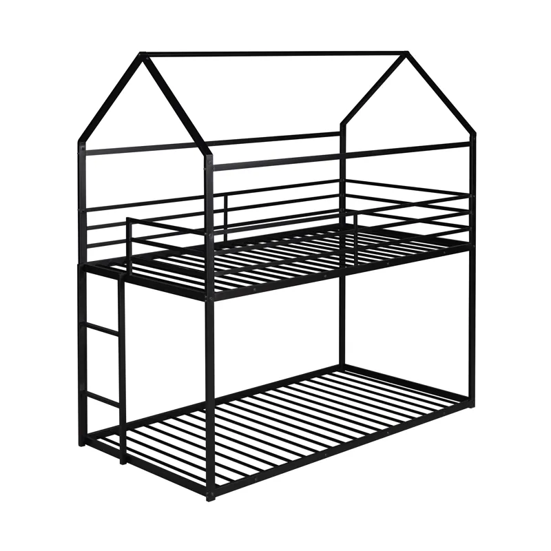 Bunk Beds For Kids Twin Over Twin, House Bunk Bed Metal Bed Frame Built-In Ladder, No Box Spring Nee