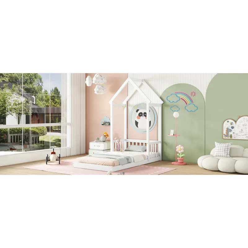 Twin House-Shaped Roof Headboard Floor Bed, (Without Slats) - White